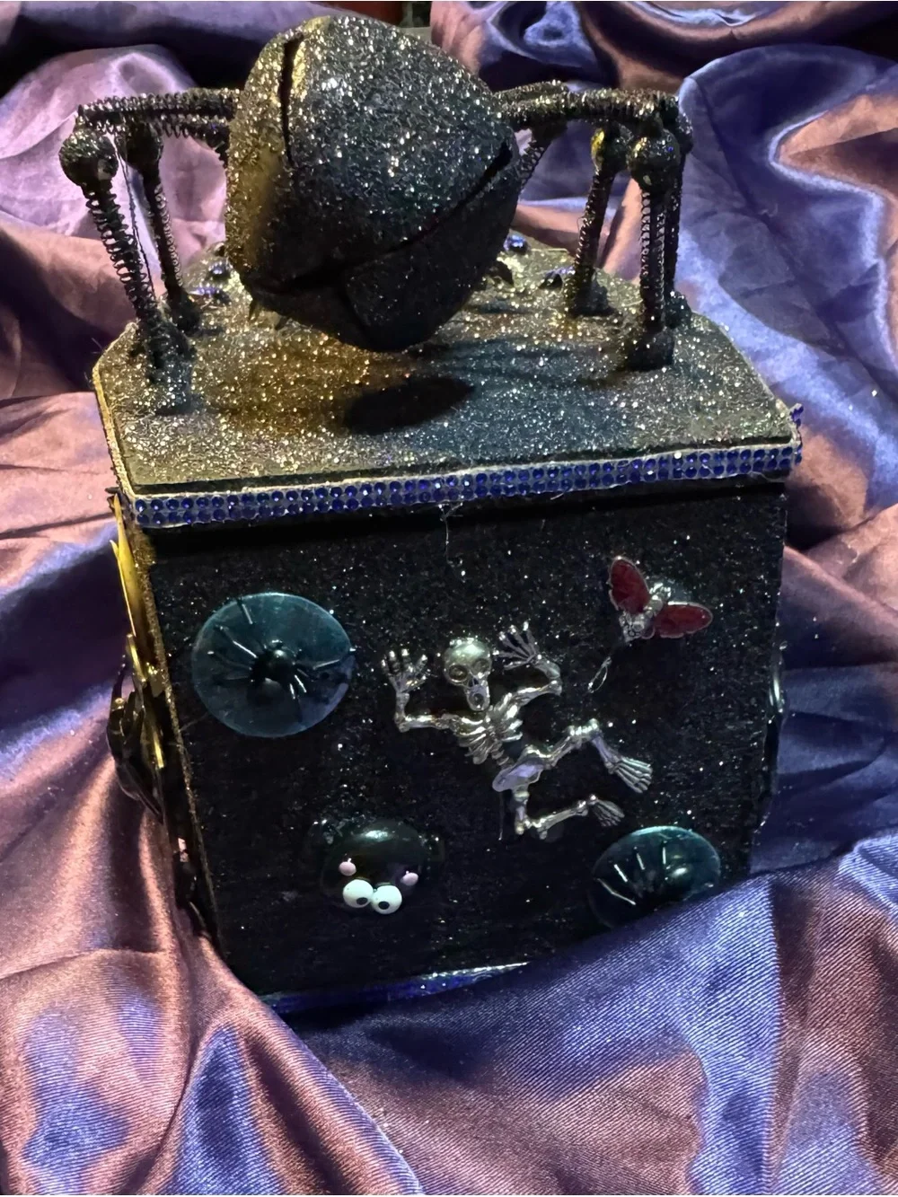 Glitter Spider Coffin trinket box — Black with Blue & Silver Accents